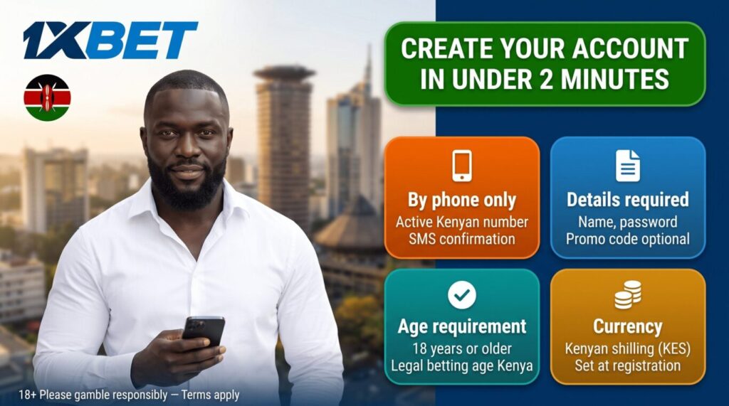 1xBet registration Kenya: sign up by phone number, 21+, SMS confirmation, account in 2 minutes