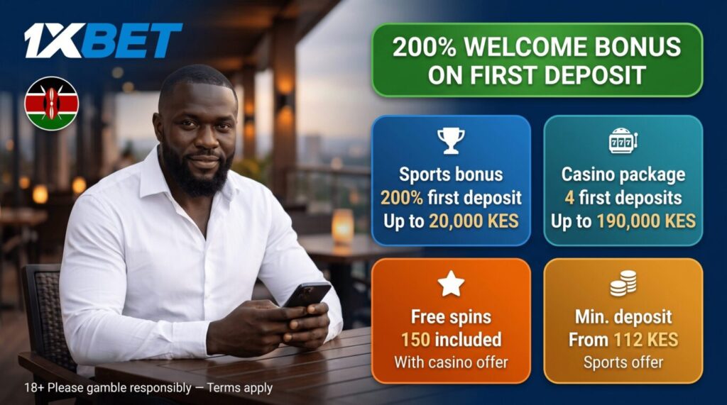 1xBet Kenya welcome bonus: 200% up to 20,000 KES sports or 190,000 KES casino after first deposit