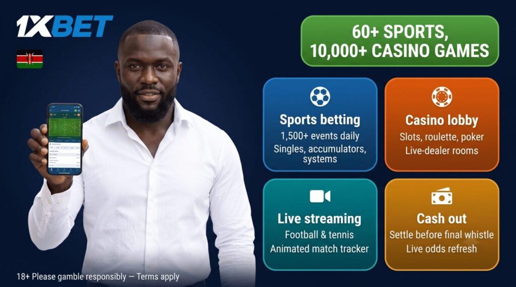 1xBet app Kenya features: 60+ sports, 10000+ casino games, live streaming
